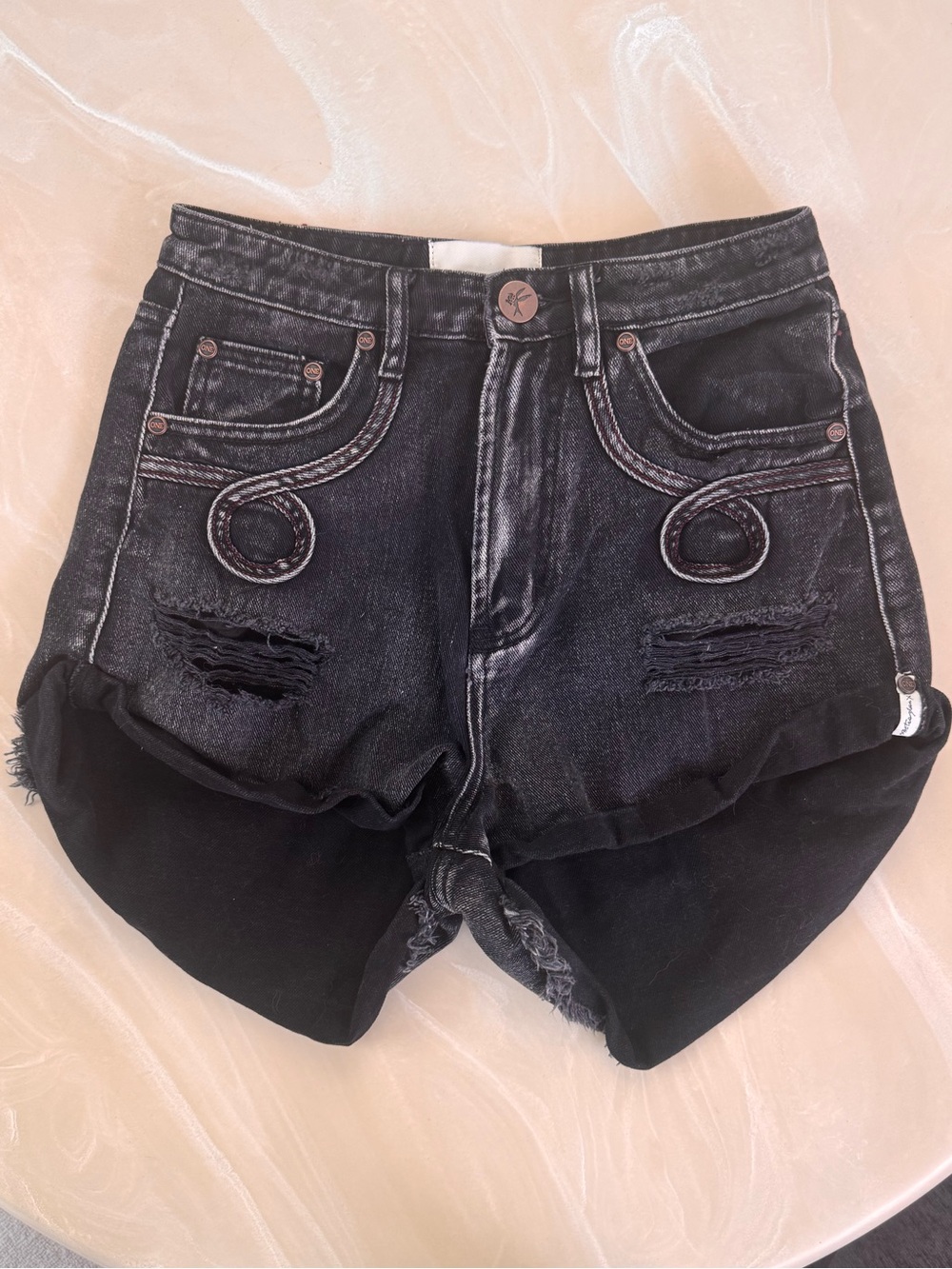 One TeaspoonX Black Washed Distressed Cowboy High-Rise Denim Shorts - Size 27